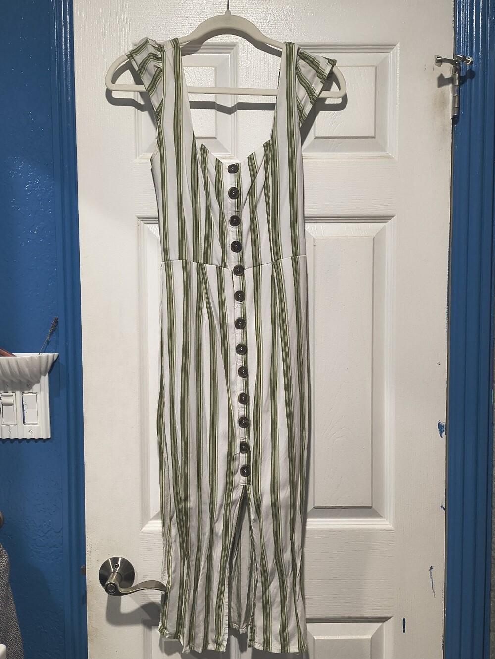 Trixxi Olive Green White Striped Button Front Tie Back Midi Dress M